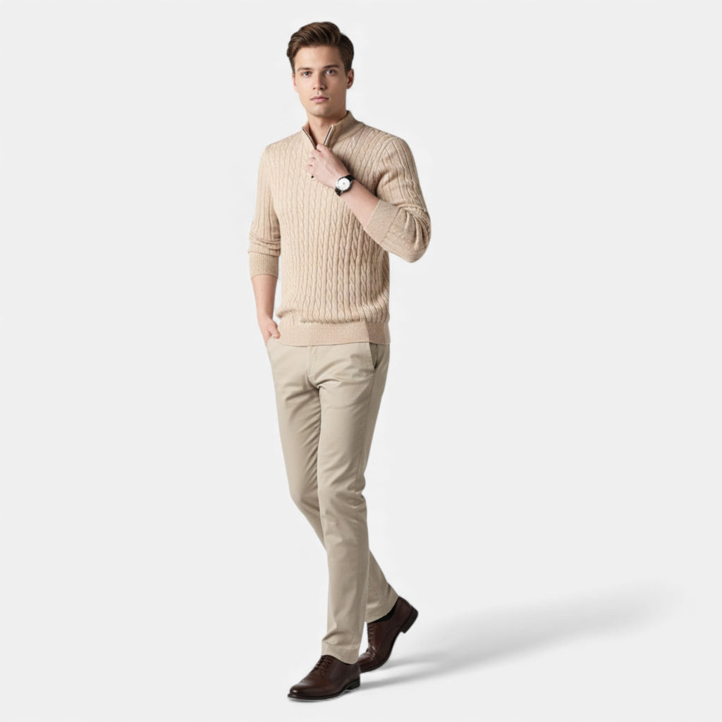Eldemont | Men’s Cable-Knit Pullover with Zip Collar