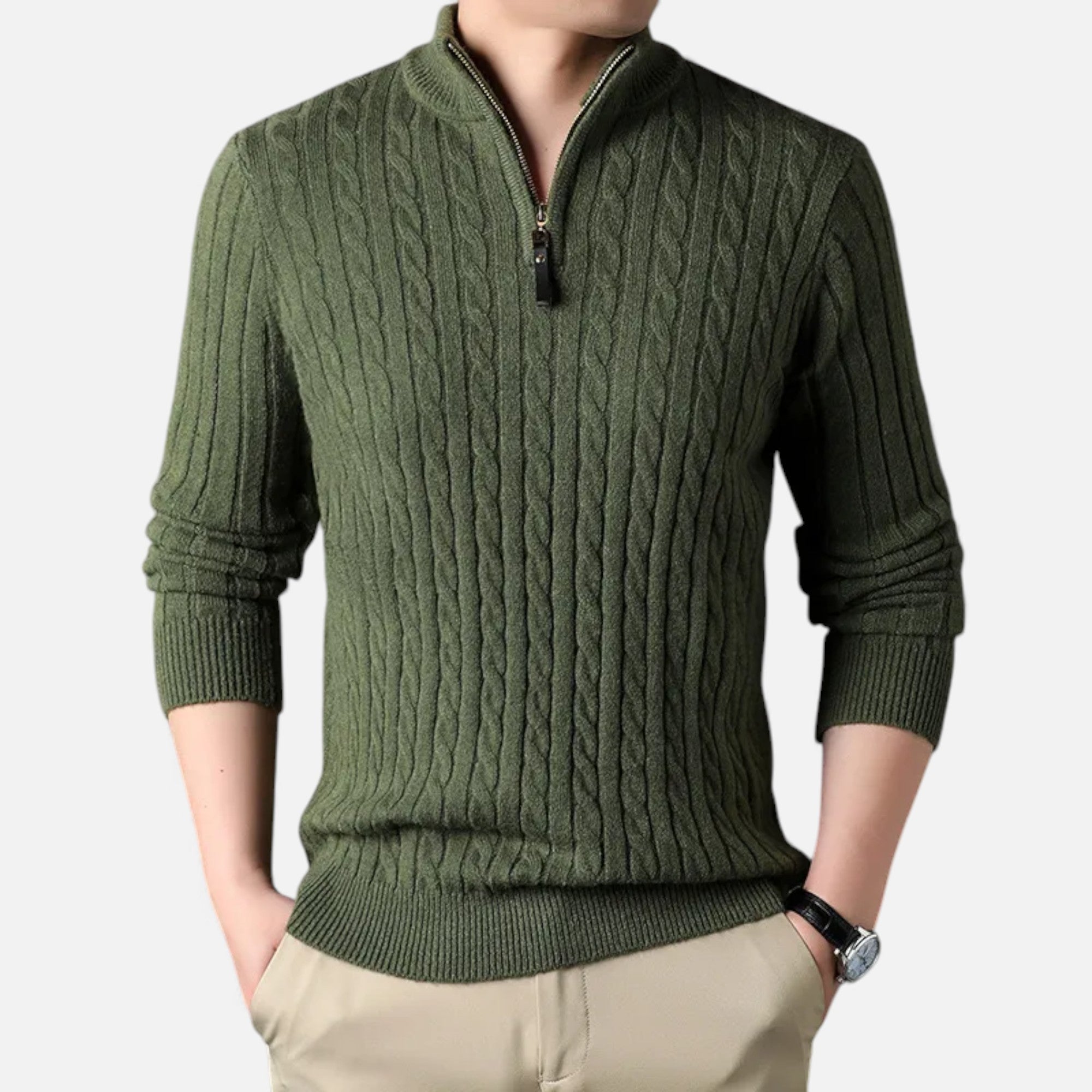 Eldemont | Men’s Cable-Knit Pullover with Zip Collar