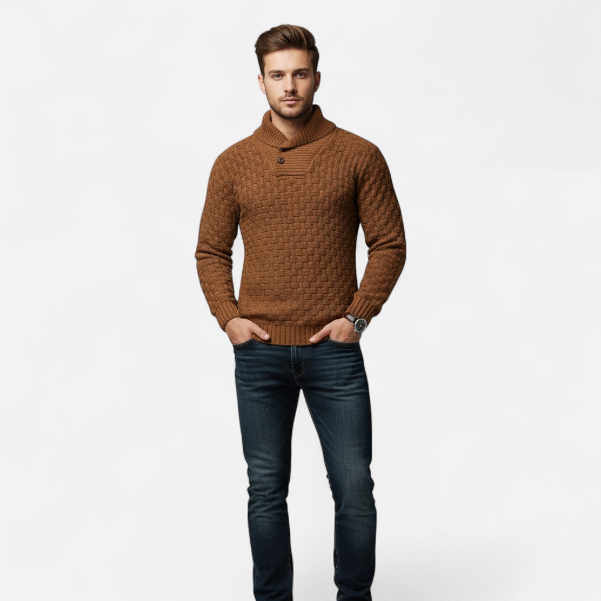Asher Vale | Men’s Waffle Knit Stretch Sweater – Textured Elegance, Effortless Comfort